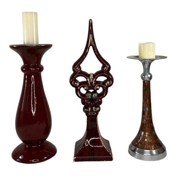 Set of 3 Art Deco Mantle Home Décor Red Glaze Pottery Mosaic Glass Candle Holder - Picture 1 of 15